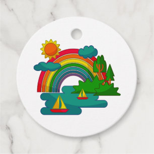Boat travel landscape under sun clouds and rainbow favour tags