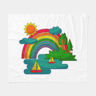 Boat travel landscape under sun clouds and rainbow fleece blanket
