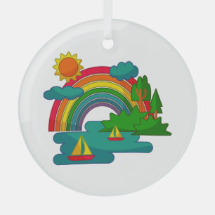 Boat travel landscape under sun clouds and rainbow glass ornament