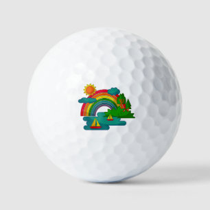 Boat travel landscape under sun clouds and rainbow golf balls