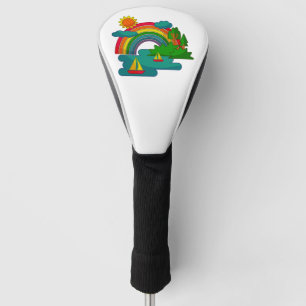 Boat travel landscape under sun clouds and rainbow golf head cover