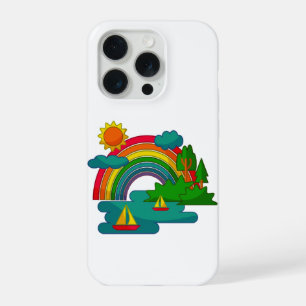 Boat travel landscape under sun clouds and rainbow iPhone 15 pro case