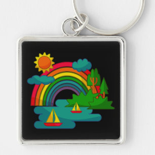 Boat travel landscape under sun clouds and rainbow keychain