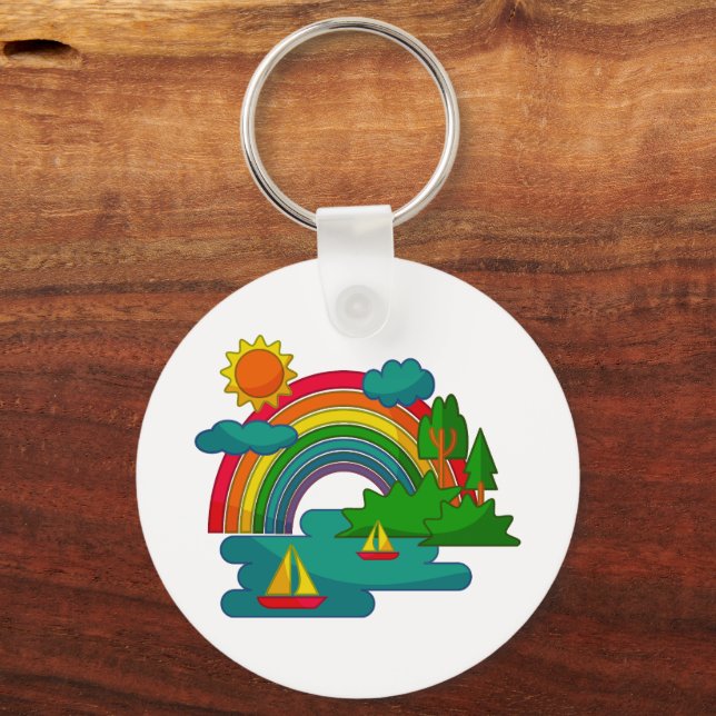 Boat travel landscape under sun clouds and rainbow keychain (Front)