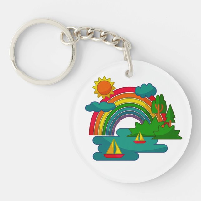 Boat travel landscape under sun clouds and rainbow keychain (Front)