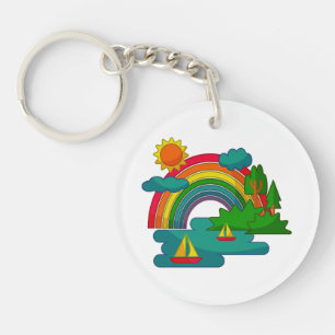 Boat travel landscape under sun clouds and rainbow keychain