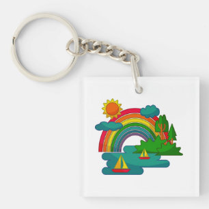 Boat travel landscape under sun clouds and rainbow keychain