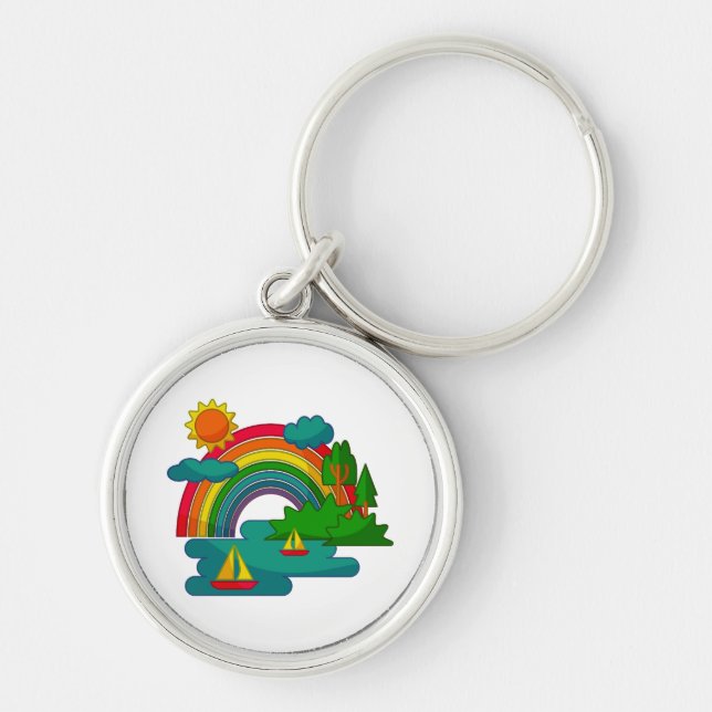 Boat travel landscape under sun clouds and rainbow keychain (Front)