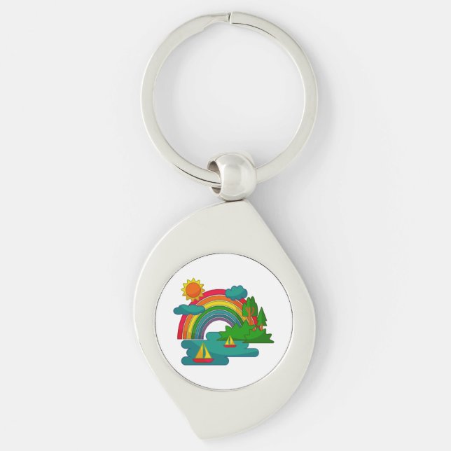 Boat travel landscape under sun clouds and rainbow keychain (Front)