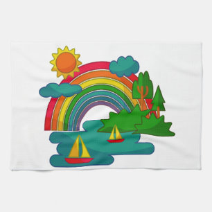 Boat travel landscape under sun clouds and rainbow kitchen towel