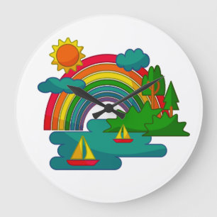 Boat travel landscape under sun clouds and rainbow large clock