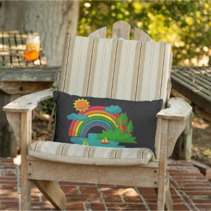 Boat travel landscape under sun clouds and rainbow lumbar pillow