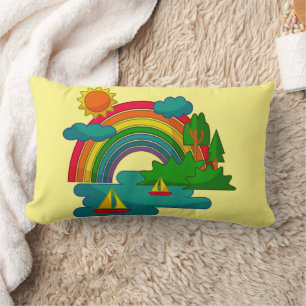 Boat travel landscape under sun clouds and rainbow lumbar pillow