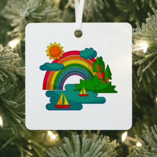 Boat travel landscape under sun clouds and rainbow metal ornament