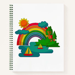 Boat travel landscape under sun clouds and rainbow notebook