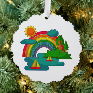 Boat travel landscape under sun clouds and rainbow ornament card