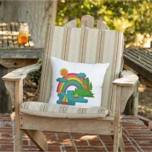 Boat travel landscape under sun clouds and rainbow outdoor pillow