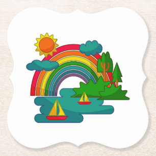 Boat travel landscape under sun clouds and rainbow paper coaster