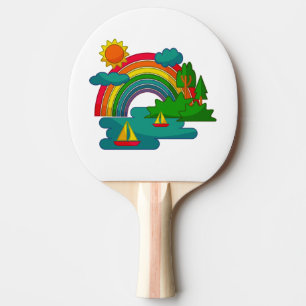 Boat travel landscape under sun clouds and rainbow ping pong paddle