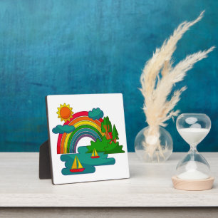 Boat travel landscape under sun clouds and rainbow plaque