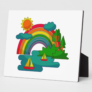 Boat travel landscape under sun clouds and rainbow plaque