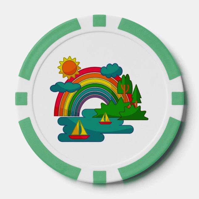 Boat travel landscape under sun clouds and rainbow poker chips (Front)