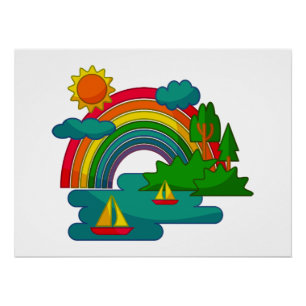 Boat travel landscape under sun clouds and rainbow poster
