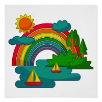 Boat travel landscape under sun clouds and rainbow