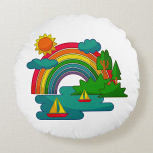 Boat travel landscape under sun clouds and rainbow round pillow