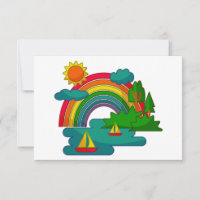 Boat travel landscape under sun clouds and rainbow