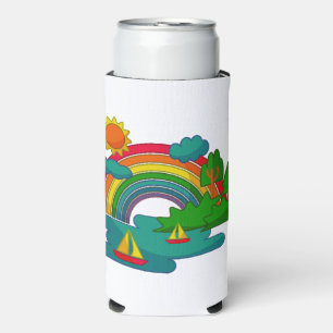 Boat travel landscape under sun clouds and rainbow seltzer can cooler