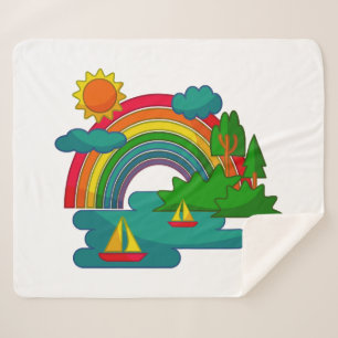 Boat travel landscape under sun clouds and rainbow sherpa blanket