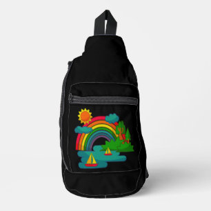 Boat travel landscape under sun clouds and rainbow sling bag