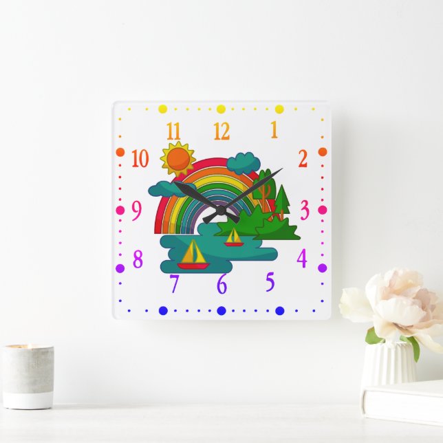 Boat travel landscape under sun clouds and rainbow square wall clock (Home)