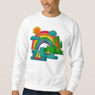 Boat travel landscape under sun clouds and rainbow sweatshirt