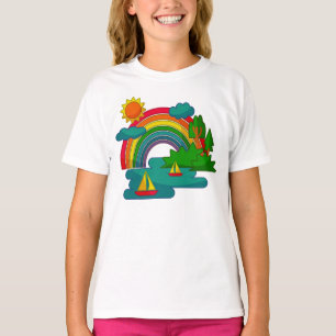 Boat travel landscape under sun clouds and rainbow T-Shirt
