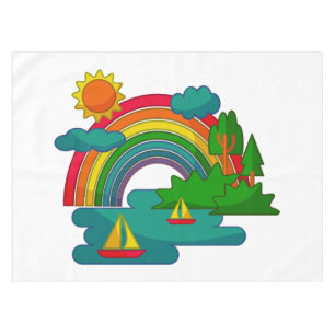 Boat travel landscape under sun clouds and rainbow tablecloth