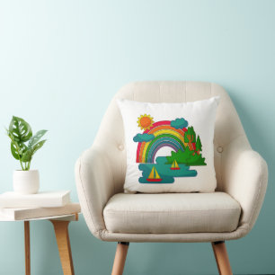 Boat travel landscape under sun clouds and rainbow throw pillow