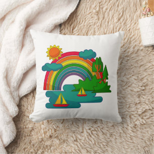 Boat travel landscape under sun clouds and rainbow throw pillow