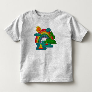 Boat travel landscape under sun clouds and rainbow toddler t-shirt