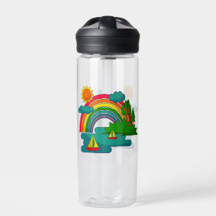Boat travel landscape under sun clouds and rainbow water bottle