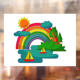 Boat travel landscape under sun clouds and rainbow window cling