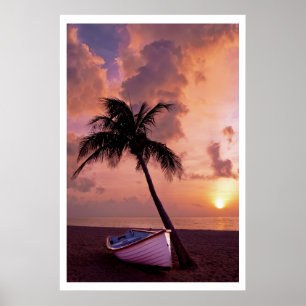 Boat under Palm on Beach at Sunset Poster