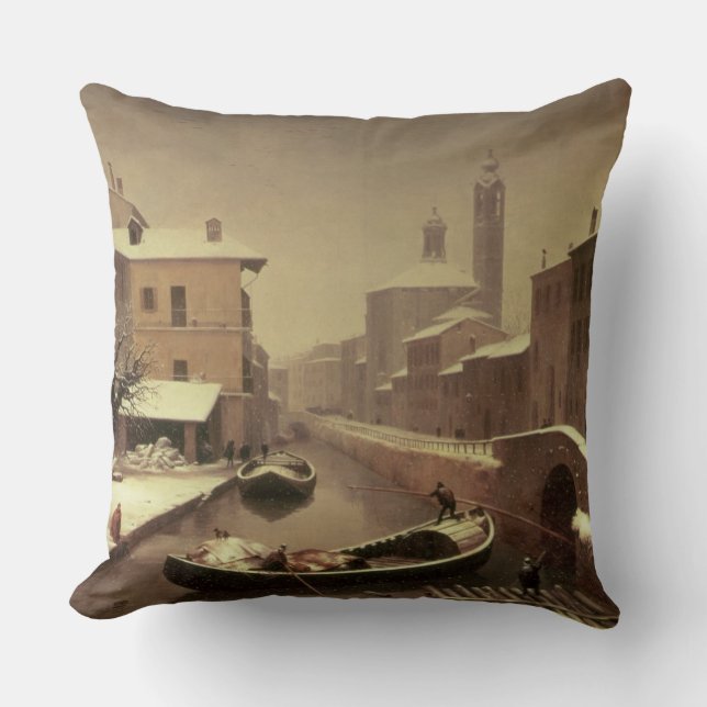 Boat under the Snow Throw Pillow (Front)