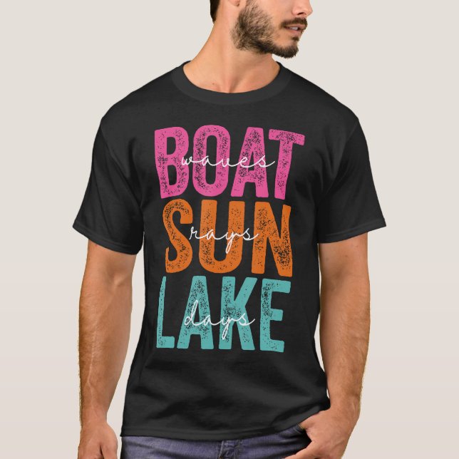 Boat Waves Sun Rays Lake Day Retro Summer Vacation T-Shirt (Front)