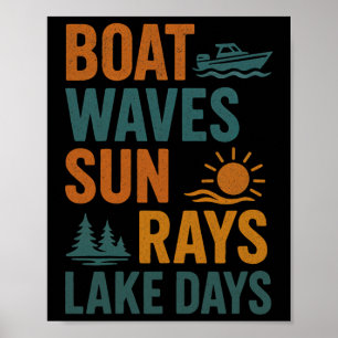 Boat Waves Sun Rays Lake Days Retro Summer - Lake Poster