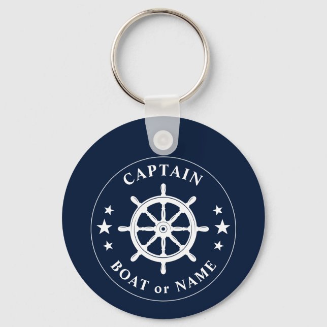 Boat Wheel Helm Stars Captain Name Photo Back Keychain (Front)