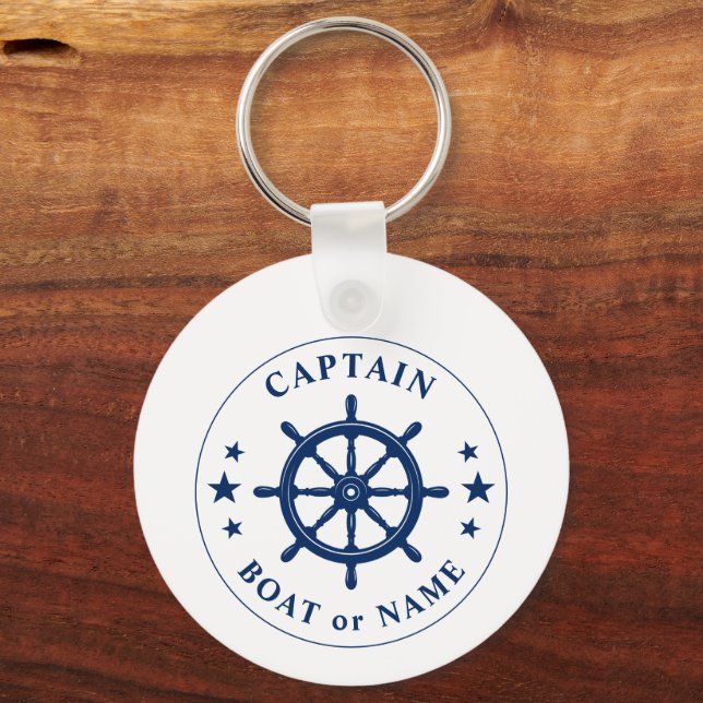 Boat Wheel Helm Stars Captain Name Photo Back Wt Keychain (Front)