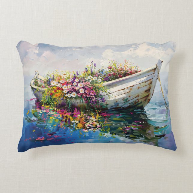 Boat with Colourful Wildflowers Accent Pillow (Front)