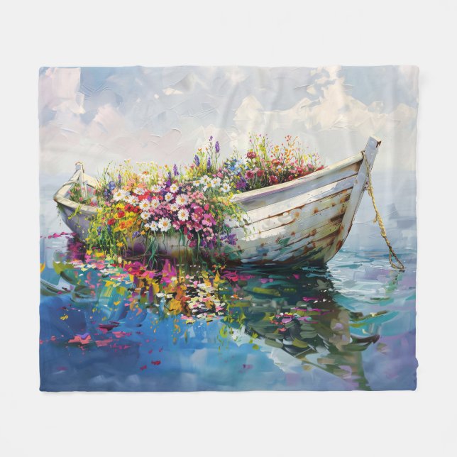 Boat with Colourful Wildflowers Fleece Blanket (Front (Horizontal))